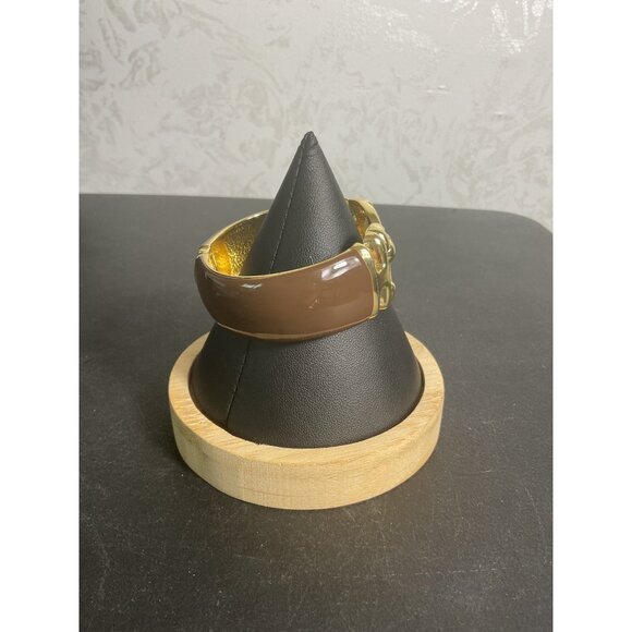 Vintage Carolina Herrera Brown Enamel Gold Tone Clamper Bracelet - Picture 3 of 4